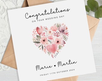 Personalised Floral Wedding Card - Pink Floral Heart - Anniversary Card - Engagement Card - Botanical - Leaves - Envelope Inc