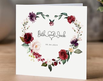 Personalised Floral Wedding Card - Burgundy Blush Heart Wreath - Anniversary Card - Engagement Card - Botanical - Leaves - Envelope Inc