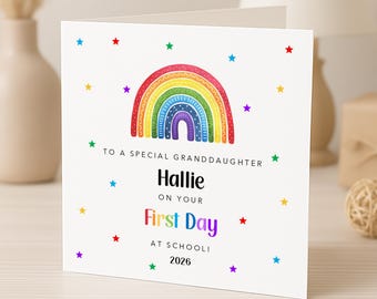 Granddaughter First Day At School Card - Personalised - Good Luck - Rainbow