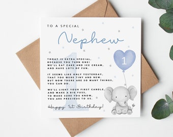 Nephew 1st Birthday Card with poem/verse - Blue Elephant - Card for Newphew - first birthday - Blue balloons