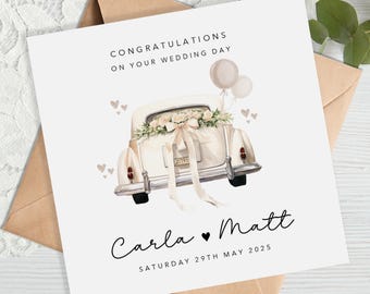Personalised Wedding Card - Wedding Car with florals -neutral natural beige-Mr and Mrs, Mr and Mr, Mrs and Mrs - Congratulations wedding day