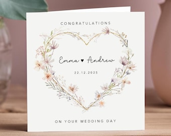 Personalised Floral Wedding Card - Wedding Gift - Dusky Pink Wild Flowers Heart Wreath - Anniversary Card - Engagement Card