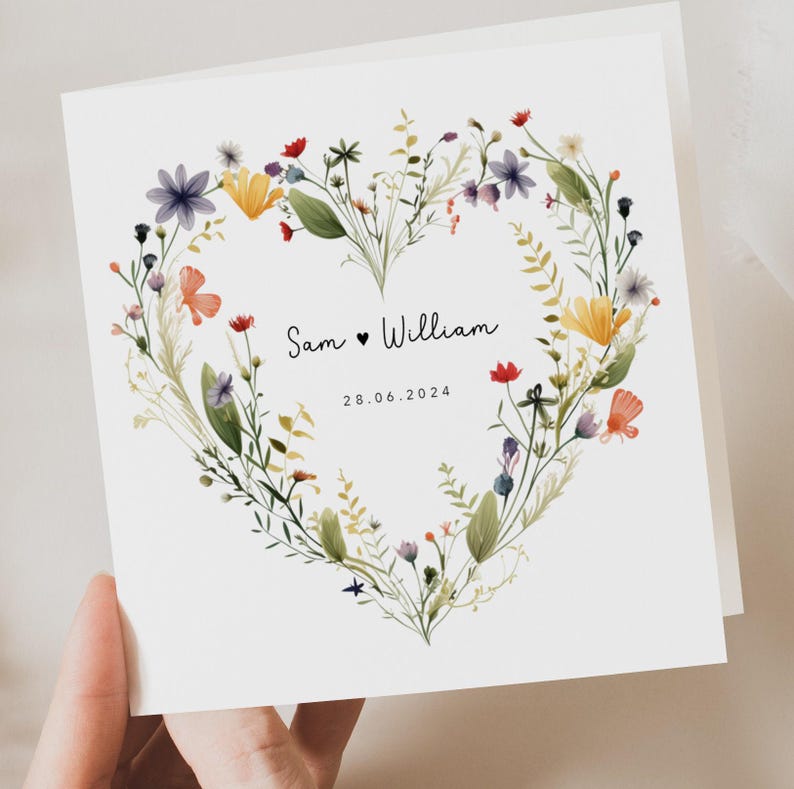 Carte de mariage florale personnalisée - cadeau de mariage - couronne de fleurs sauvages - carte d'anniversaire - carte de fiançailles - botanique - feuilles image 2