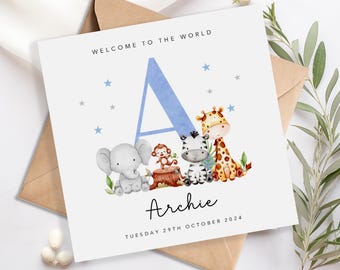 Carte personnalisée pour nouveau-né - bébé garçon - bleu - Bienvenue dans le monde - Initial Safari bébés animaux éléphant girafe zèbre
