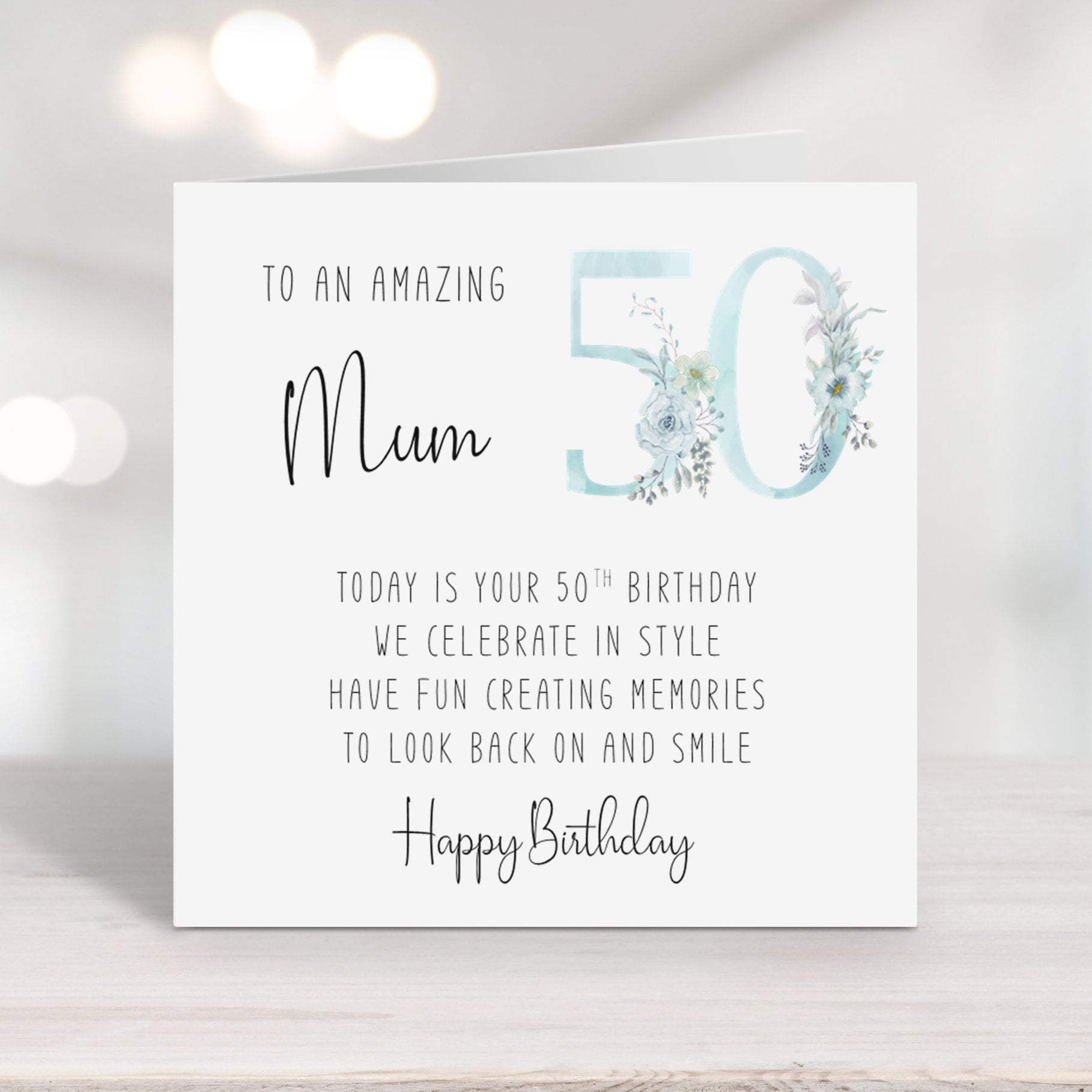 Mum 50th Birthday Card with verse/poem fiftieth birthday fifty  milestone blue floral numbers