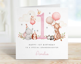 Personalised 1st 2nd 3rd Birthday Card for Granddaughter Niece Daughter Goddaughter Little Girl - Baby Animals - Personalised with Name