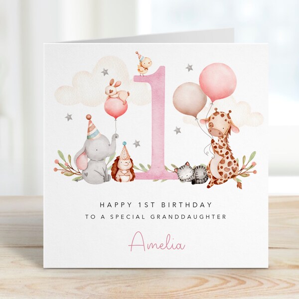 Personalised 1st 2nd 3rd Birthday Card for Granddaughter Niece Daughter Goddaughter Little Girl - Baby Animals - Personalised with Name