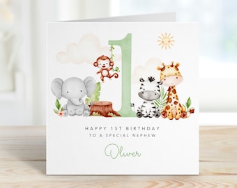 Personalised 1st 2nd 3rd Birthday Card for Nephew Grandson Godson Child Kids  - Baby Safari Animals - Personalised with Name