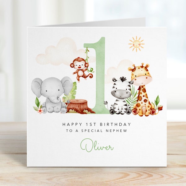 Personalised 1st 2nd 3rd Birthday Card for Nephew Grandson Godson Child Kids  - Baby Safari Animals - Personalised with Name