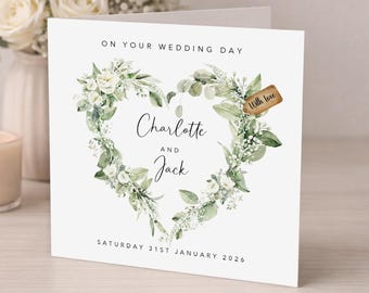 Personalised Floral Wedding Card | Wedding Gift | Greenery Leaves Heart Wreath | Anniversary Engagement