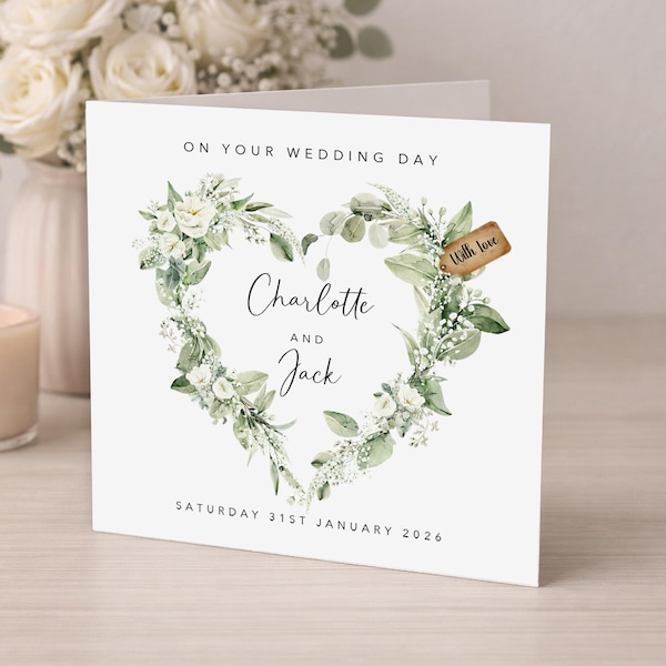 Tarjeta de boda floral personalizada / Regalo de boda / Corona de hojas verdes con forma de corazón / Aniversario de compromiso
