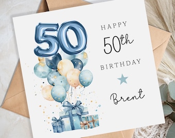 Personalised 50th Birthday Card for Him - Blue 50th birthday card for brother, nephew, friend, uncle, dad, grandad - 50th Birthday Gift