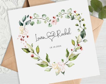 Personalised Floral Wedding Card - Heart Pink Flowers Wreath - Marriage Card - Wedding Day