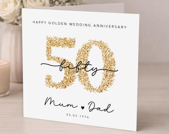 Personalised Golden Anniversary Card: 50th Wedding Anniversary  |  Printed Glitter EFFECT