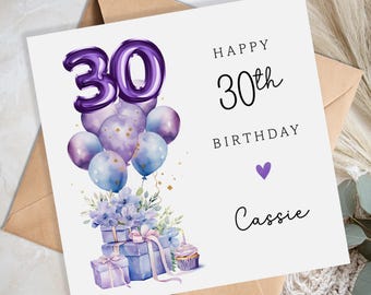 Personalised 30th Birthday Card for Her -30th birthday card for sister, friend, auntie, daughter-30th Birthday Gift -Purple Birthday Balloon