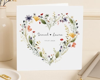 Personalised Floral Wedding Card | Wedding Gift | Wild Flowers Heart Wreath | Anniversary Card | Engagement Card