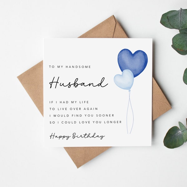Husband Birthday Card with verse/poem - Happy Birthday to my handsome husband -  Blue Balloons  - Simple - Kraft Envelope Included