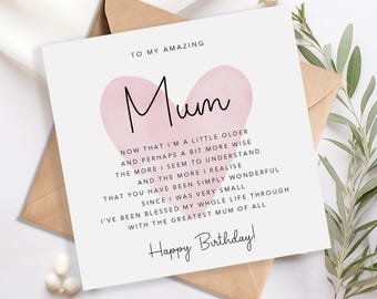 Mum Birthday Card with verse/poem - Happy Birthday Mum -  Pink Floral Design  - Simple - Kraft Envelope Included