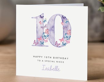 Carte personnalisée 10e anniversaire pour petite-fille nièce fille filleule petite fille - papillons roses et violets