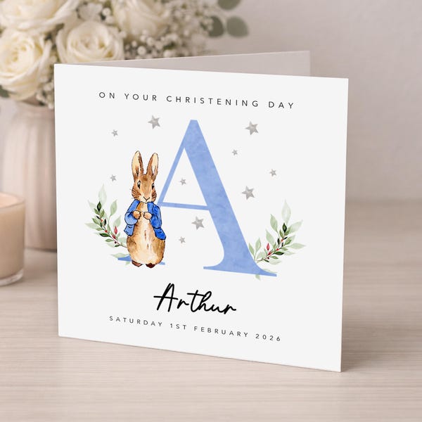 Personalised Christening Card - Grandson Son Nephew Godson Little Boy - Baptism - Confirmation - Blue Rabbit - Christening Gift