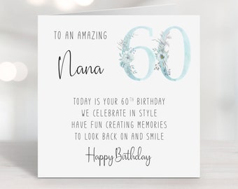Nana 60th Birthday Card with verse/poem - sixtieth birthday - sixty - milestone - blue floral numbers