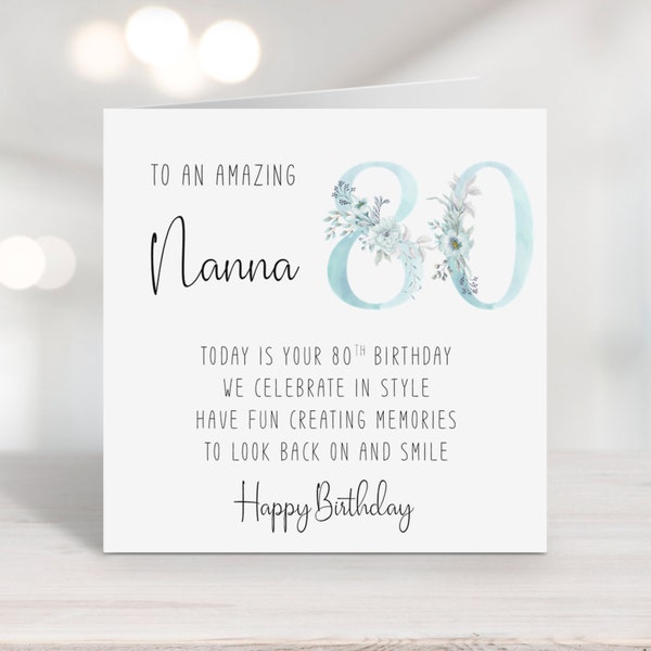 Nanna 80th Birthday Card with verse/poem - eightieth birthday - eighty - milestone - blue floral numbers