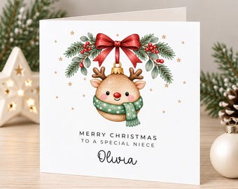 Personalised Christmas Card for Nephew Niece Grandson Granddaughter Daughter Son Goddaughter Godson Little Boy Little Girl - Reindeer Bauble
