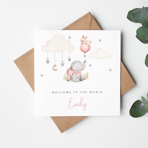 Personalised New Baby Girl Card - Granddaughter, Niece, Little Girl, Goddaughter -  Pink New Baby Card  - Welcome to the World