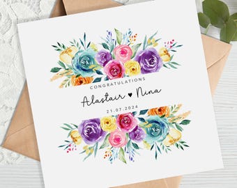 Carte de mariage florale personnalisée - Arc-en-ciel multicolore lumineux - Carte d'anniversaire - Carte de fiançailles - Botanique - Feuilles - Enveloppe Inc