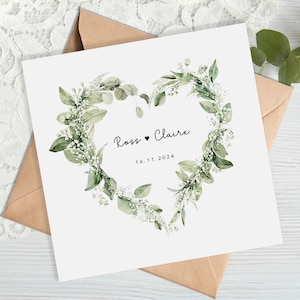 Personalised Floral Wedding Card - Green Heart Wreath - Anniversary Card - Engagement Card - Leaves Foliage Greenery - Wedding Gift