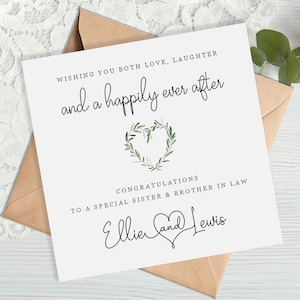 Wedding Card for Sister and Brother in Law - Greenery Leaves Heart - Wishing you love, laughter and a happily ever after - Wedding Day Card