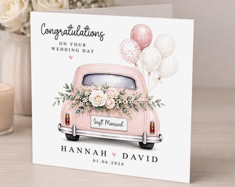 Personalised Wedding Card - Pink Wedding Car