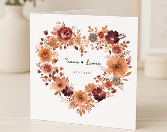 Personalised Wedding Card | Wedding Gift | Autumn Red Orange Floral Wreath