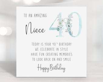 Niece 40th Birthday Card with verse/poem - forty birthday - milestone - blue floral numbers