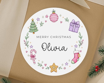 Personalised Christmas Stickers - Gift Labels Tags, Festive Name Stickers -White Gloss -
