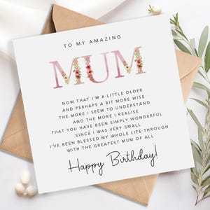 Mum Birthday Card with verse/poem - Happy Birthday Mum -  Pink Floral Design  - Simple - Kraft Envelope Included