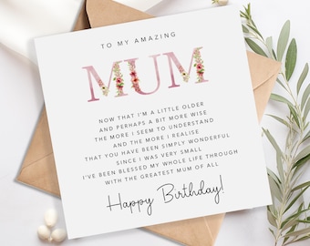 Mum Birthday Card with verse/poem - Happy Birthday Mum -  Pink Floral Design  - Simple - Kraft Envelope Included
