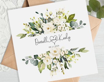 Personalised Floral Wedding Card: White Roses & Greenery Bouquet