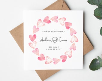 Personalised engagement card - Congratulations on your engagement - heart wreath design - Daughter Son Sister Brother Couple Friends UK