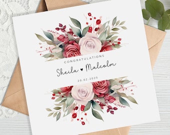 Personalised Floral Wedding Card - Red and Blush Burgundy - Anniversary Card - Engagement Card - Botanical - Leaves - Envelope Inc