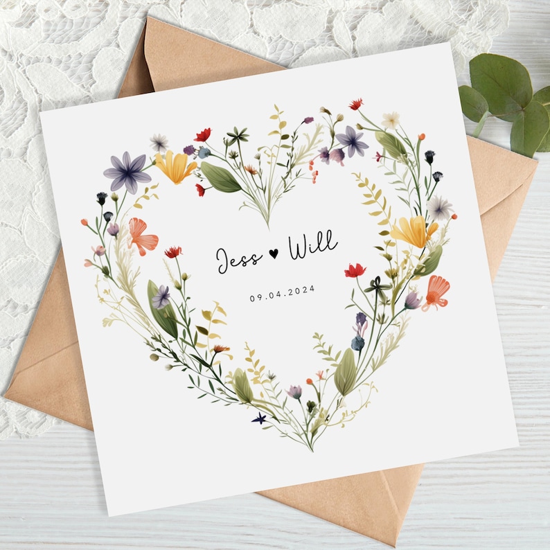 Carte de mariage florale personnalisée - cadeau de mariage - couronne de fleurs sauvages - carte d'anniversaire - carte de fiançailles - botanique - feuilles image 1