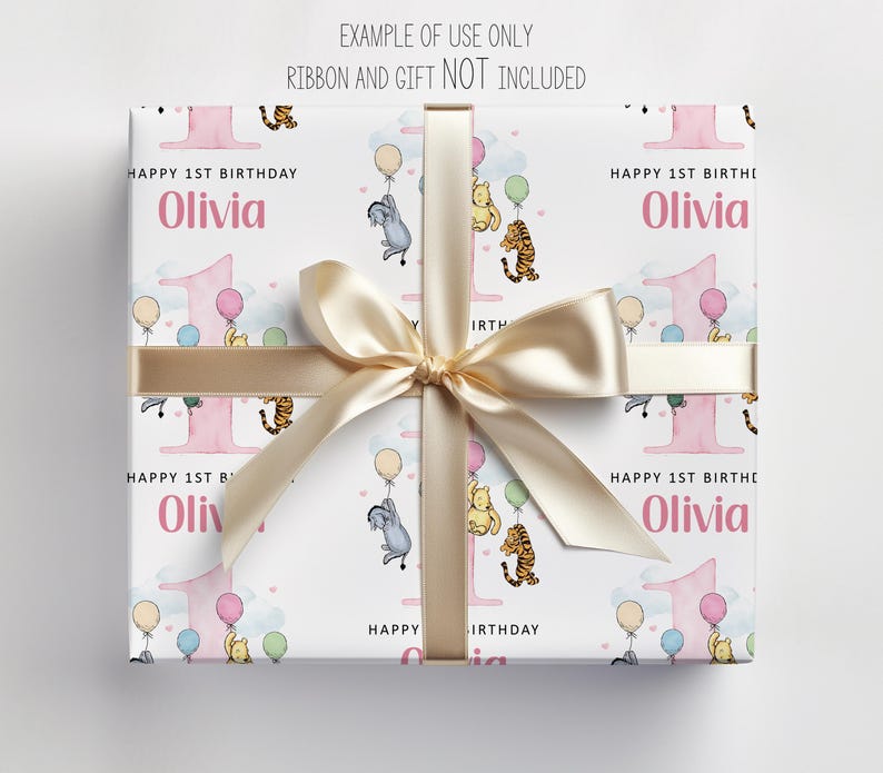 The image is a gift box with a white background and a gold ribbon. The gift box has a repeating pattern of Winnie the Pooh characters and balloons, and the name "Olivia" is written on it.