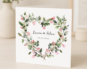 Personalised Wedding Card | Wedding Gift | Pink Flowers Heart Wreath | Anniversary Card | Engagement Card