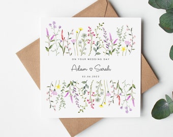 Personalised Floral Wedding Card - wild flowers - rainbow flowers - husband and wife, newlyweds, bride groom, on your wedding day