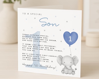 Son 1st Birthday Card  with poem/verse - Blue Elephant - Card for Son - first birthday - Blue balloons