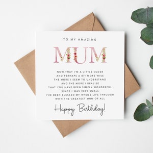 Mum Birthday Card with verse/poem - Happy Birthday Mum -  Pink Floral Design  - Simple - Kraft Envelope Included