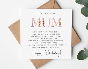 Mum Birthday Card with verse/poem - Happy Birthday Mum -  Pink Floral Design  - Simple - Kraft Envelope Included