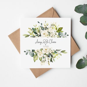 Personalised Floral Wedding Card - White Roses - Anniversary Card - Engagement Card - Botanical - Leaves - Envelope Inc