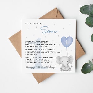 Son 1st Birthday Card  with poem/verse - Blue Elephant - Card for Son - first birthday - Blue balloons