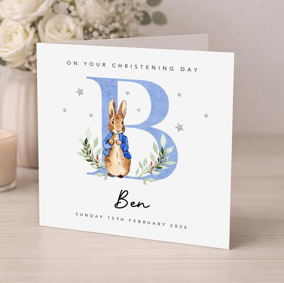 Personalised Peter Rabbit Christening Card – Boy Grandson Godson Nephew Blue